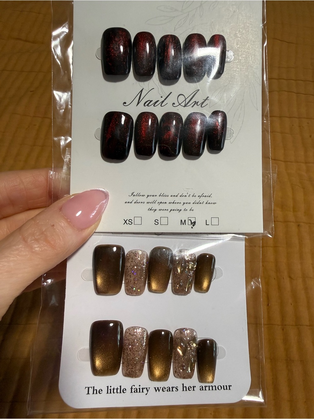 2 Sets of Press-On Nails Red-Black Cat Eye & Metallic Brown Glitter Size Medium